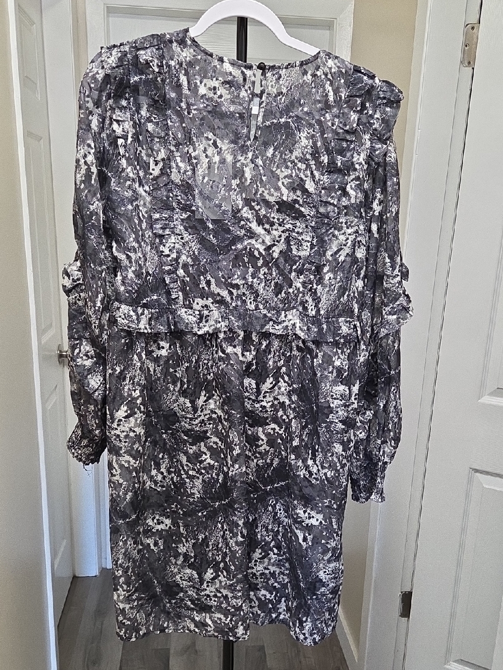 NWT Kaffe Black & White Marble Print Mesh Ruffle Dress 2-In-1 Sheer Sleeve - Picture 10 of 13